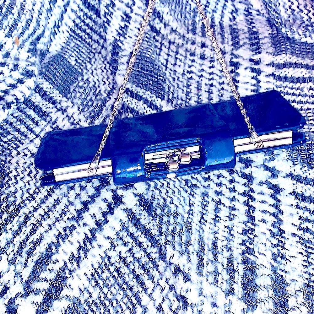 DiY Glam Clutch-Shoulder Handbag Navy Silver Fold Over Snap Closure+Silver Chain - Picture 5 of 16